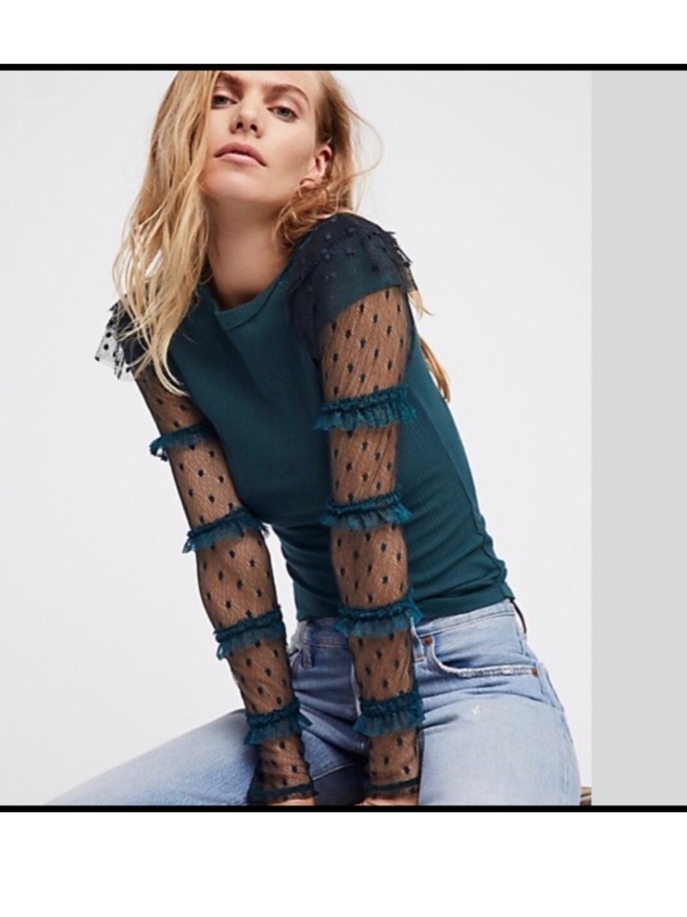 Free People Kiss Kiss Ruffle Lace Sleeve Ribbed Shirt Dark Green